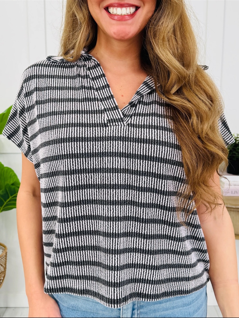 🆕 Zenana Raised Rib Striped Collared Top